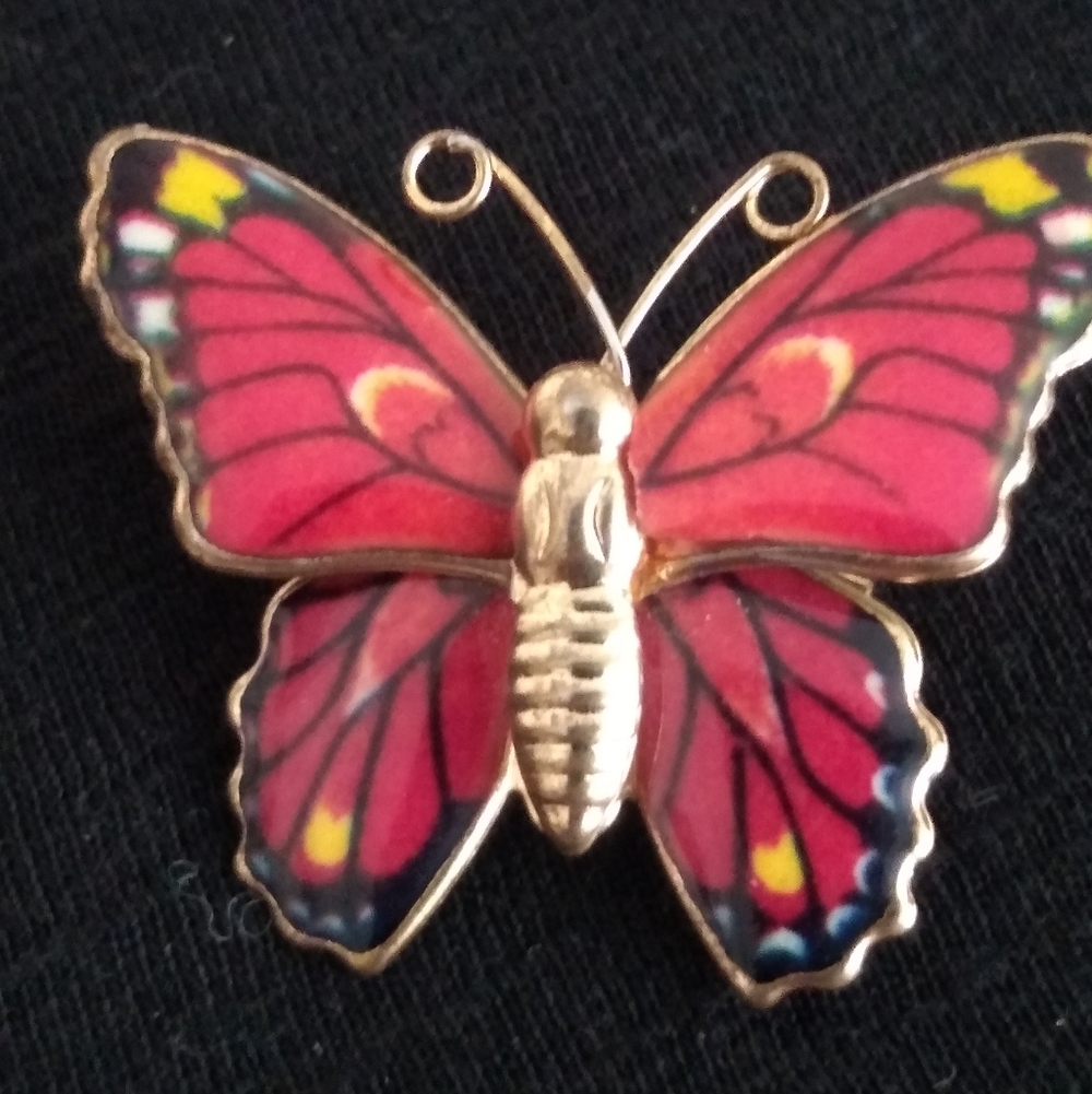 Vintage Enamel Red & Gold Tone Butterfly Brooch